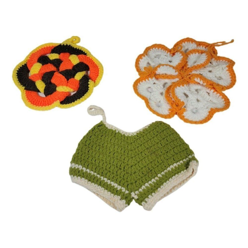 Vintage MCM Lot 3 Handmade Crochet Pot Holders Pad Shorts Flowers Green Orange